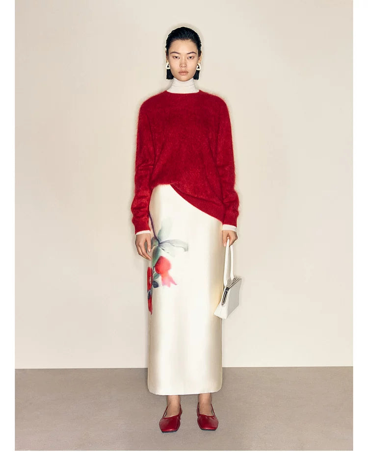 Gradient Pomegranate Floral Straight Skirt