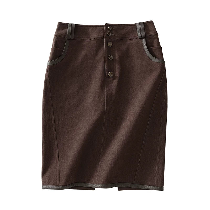 Vintage Contrast Leather Trim Utility Pencil Skirt