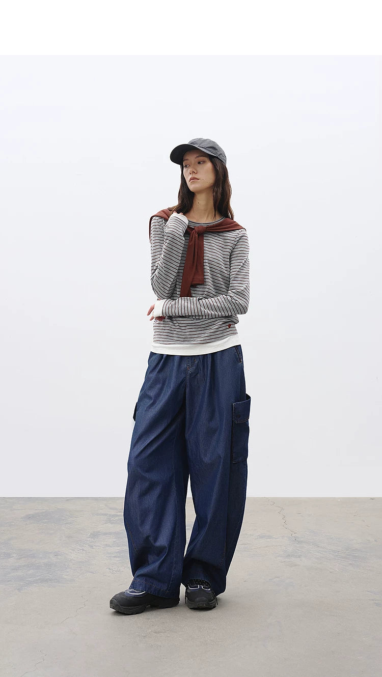 Relaxed Fit Washed Denim Curved Panel Cargo Pants – Casual Streetwear Secondary image