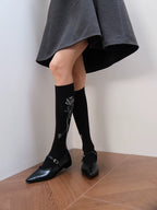 Black Crew Socks with Side Rose Embroidery