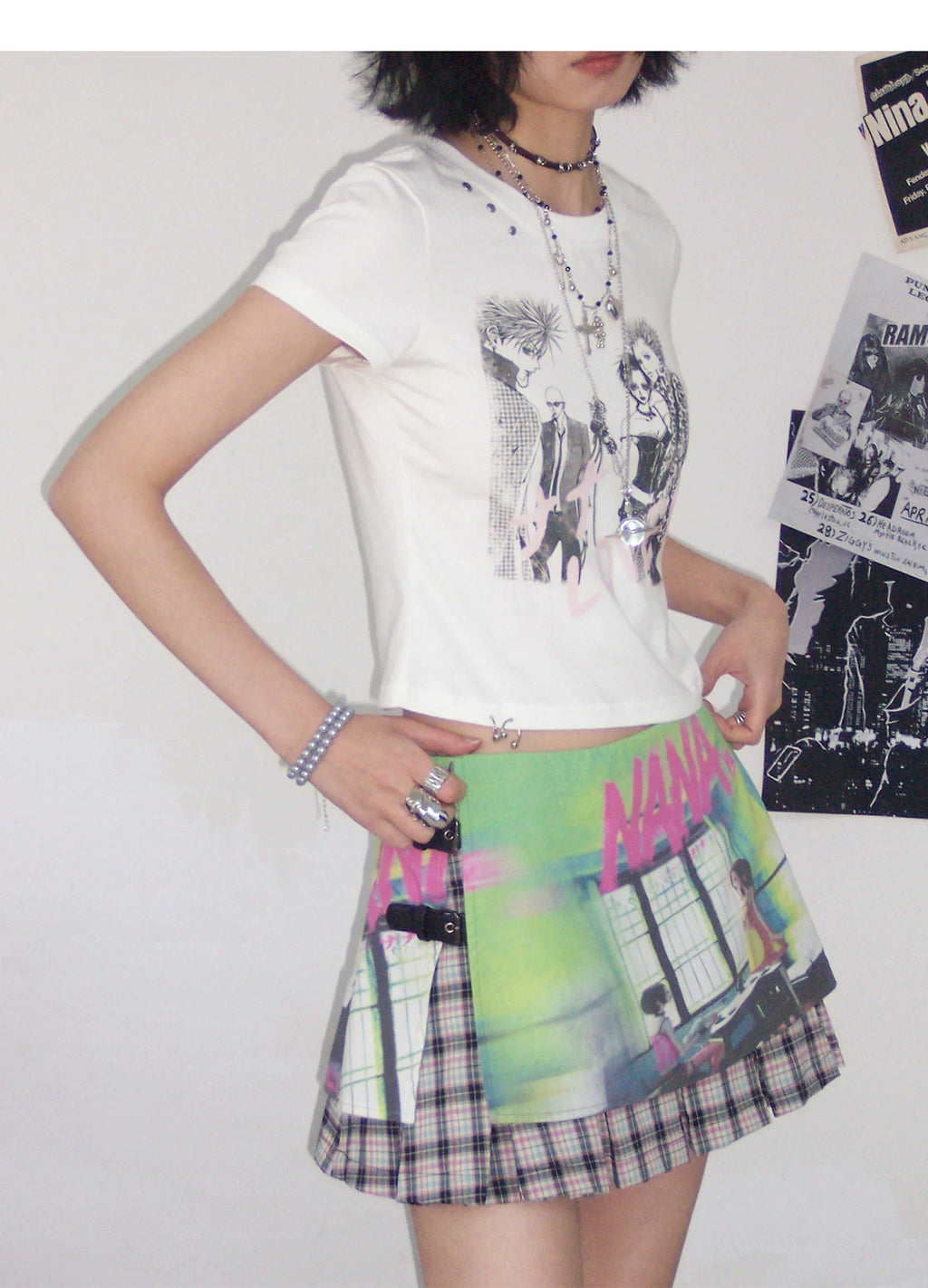 NANA Collaboration Plaid Patchwork Printed Pleated Skirt