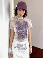 Lace Ruched Slim-Fit Printed Short Sleeve T-Shirt