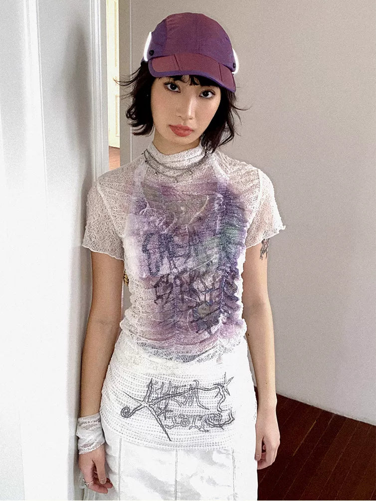 Lace Ruched Slim-Fit Printed Short Sleeve T-Shirt
