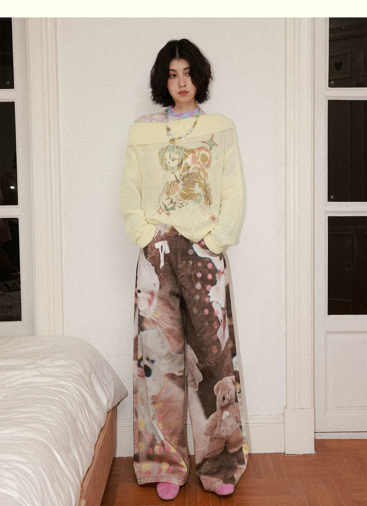All-Over Doll Print Wide-Leg Denim Pants Secondary image