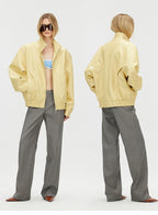Butter Yellow Curved-Shoulder Leather Bomber Jacket