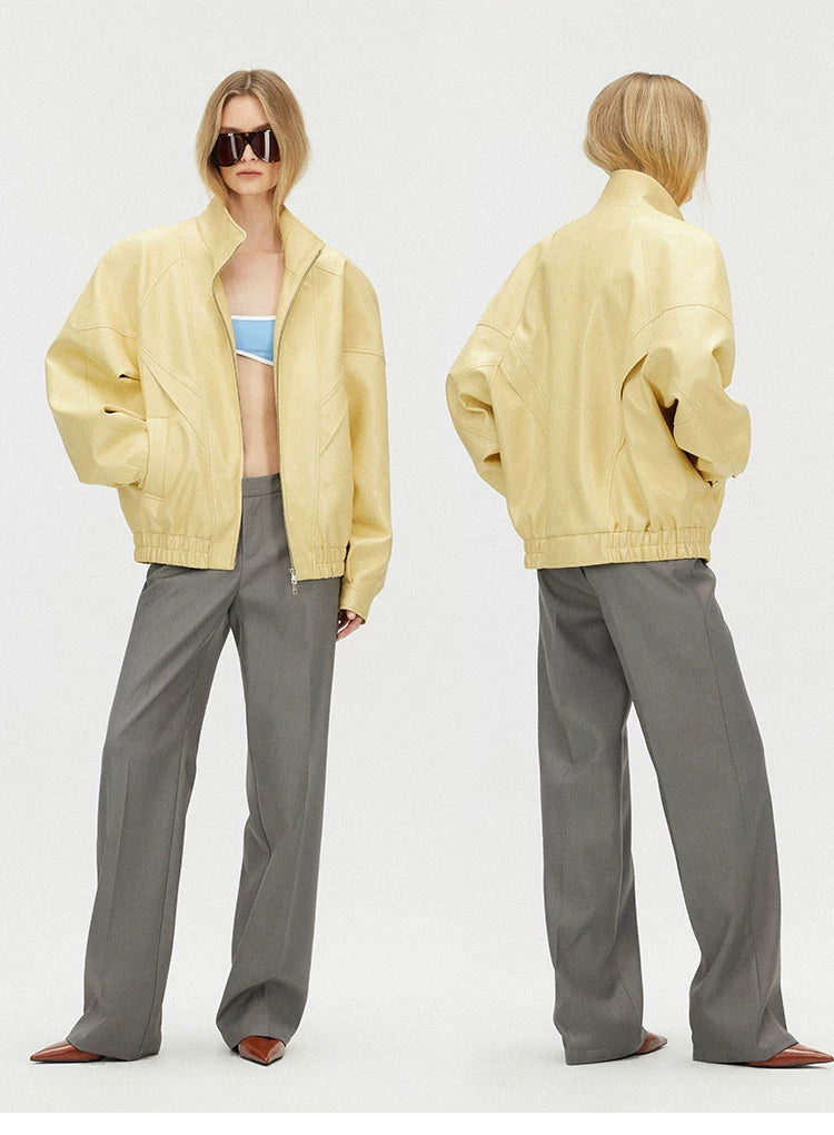 Butter Yellow Curved-Shoulder Leather Bomber Jacket Main image