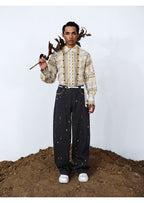 Handcrafted Wooden Bead Washed Distressed Baggy Jeans