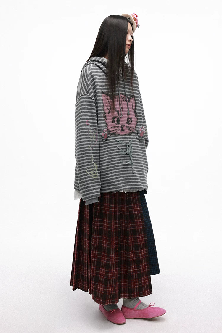 Grotesque Cat Paw Print Lace Trim Loose Striped Hooded Long Sleeve T-Shirt