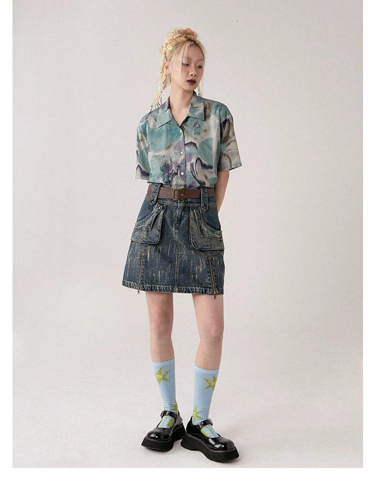 Retro Dye-Wash Graphic Short Sleeve Shirt