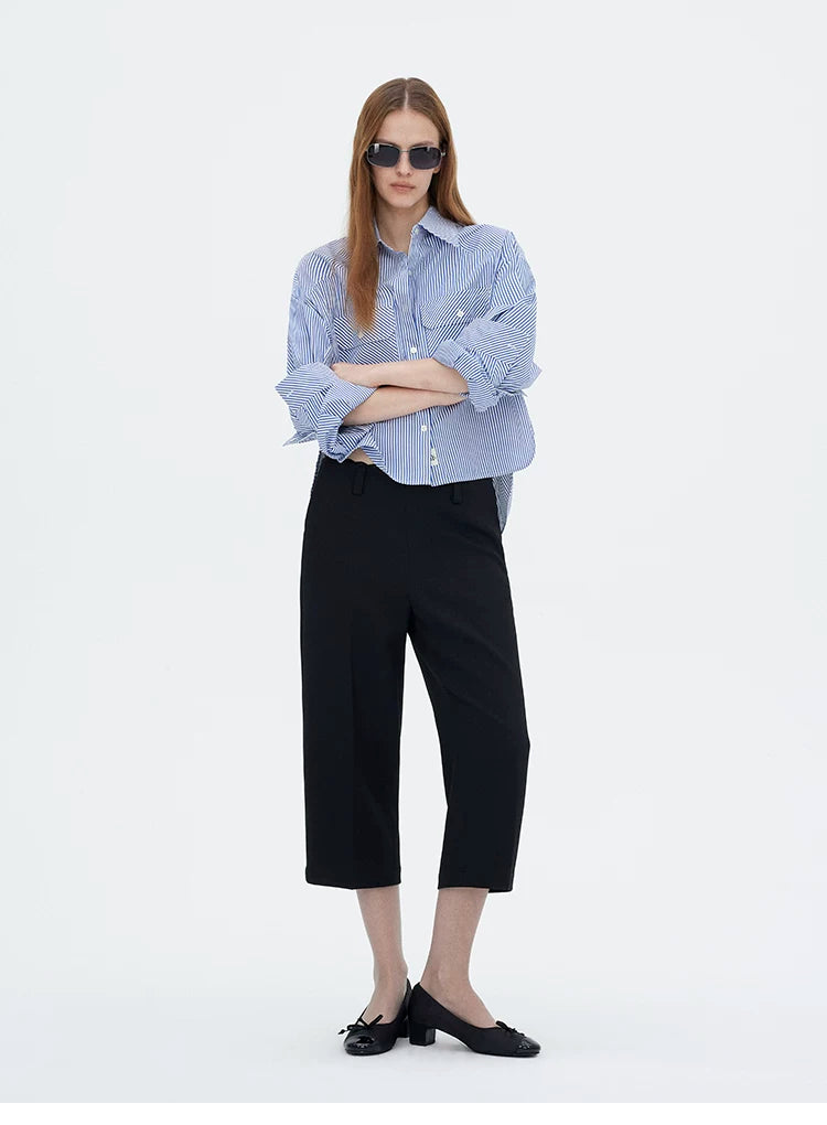 Lace Waist Straight-Leg Cropped Tailored Pants
