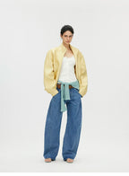 Butter Yellow Curved-Shoulder Leather Bomber Jacket