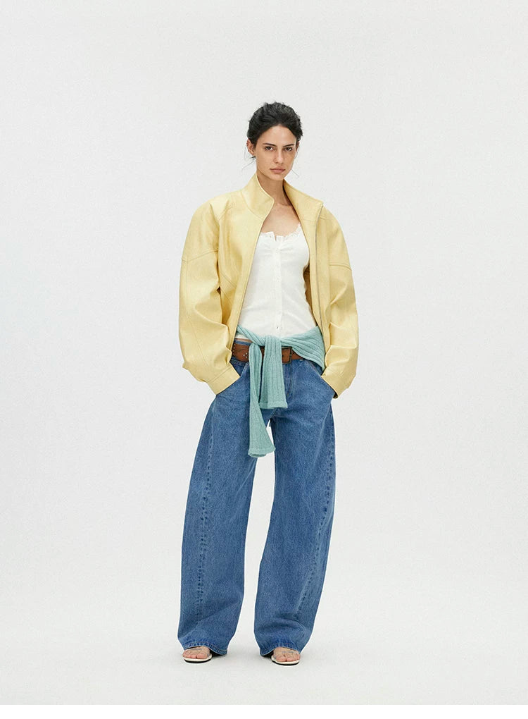 Butter Yellow Curved-Shoulder Leather Bomber Jacket