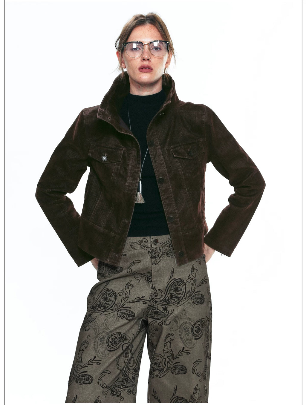 French-Inspired Vintage Flocked Twill Cropped Biker Jacket