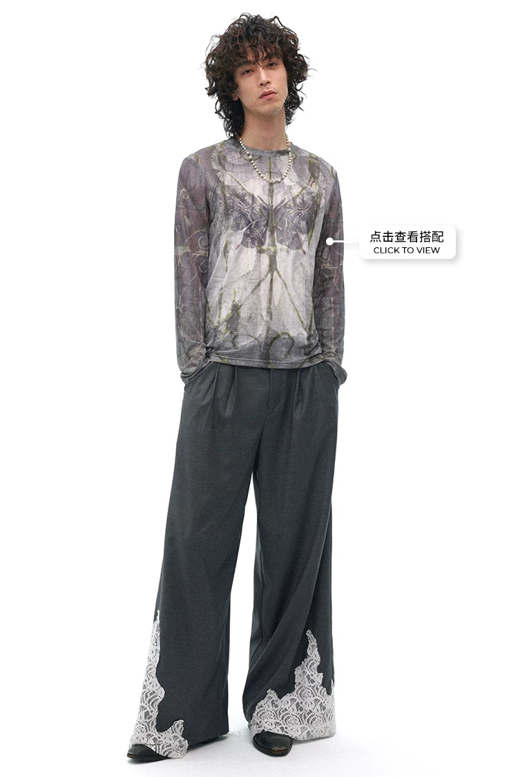 Draped Wool Trousers with Lace Patchwork