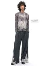Draped Wool Trousers with Lace Patchwork