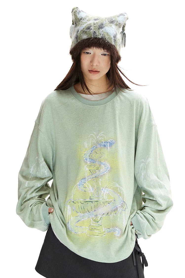 Snake Fountain Hand-Drawn Graffiti Loose Fit Long Sleeve T-Shirt