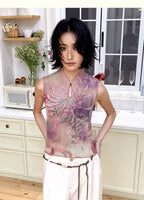 New Chinese Style All-Over Print Pleated Mock Neck Sleeveless Tank Top