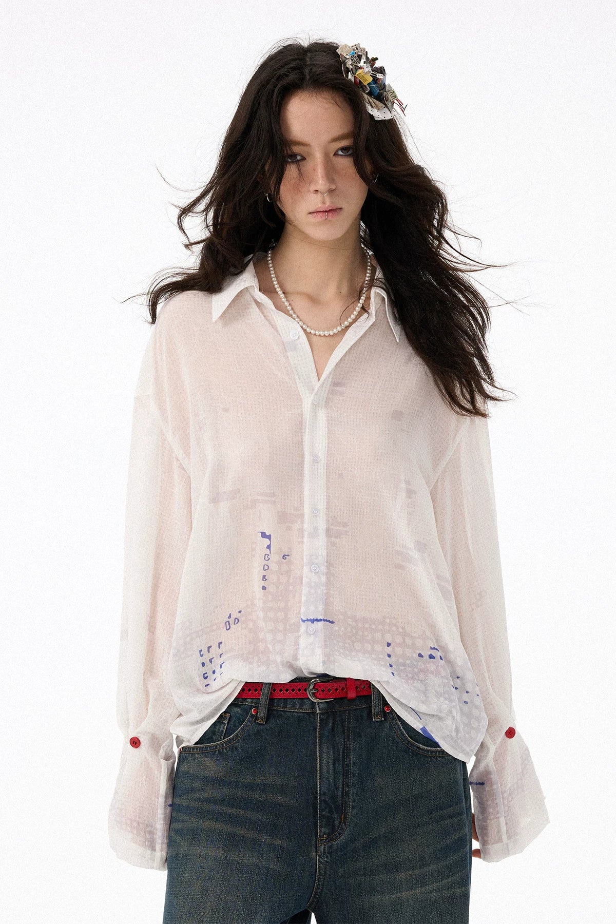 All-Over Print Lightweight Semi-Sheer Crinkled White Shirt Secondary image
