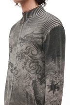 Chinese-Inspired Dragon Print Half-Zip Cardigan Sweater