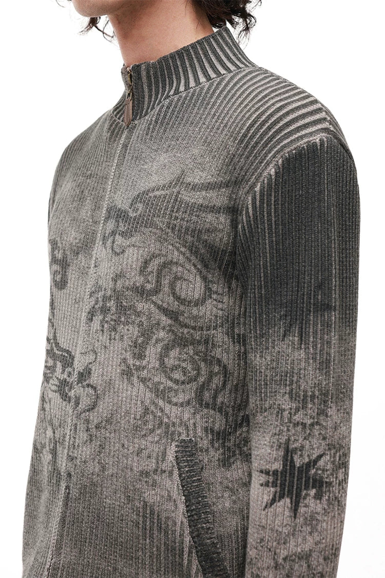 Chinese-Inspired Dragon Print Half-Zip Cardigan Sweater