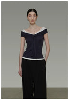 Contrast Color Off-Shoulder T-Shirt