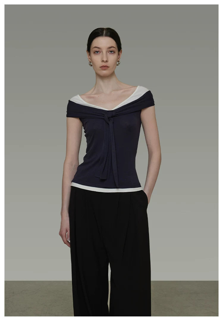 Contrast Color Off-Shoulder T-Shirt