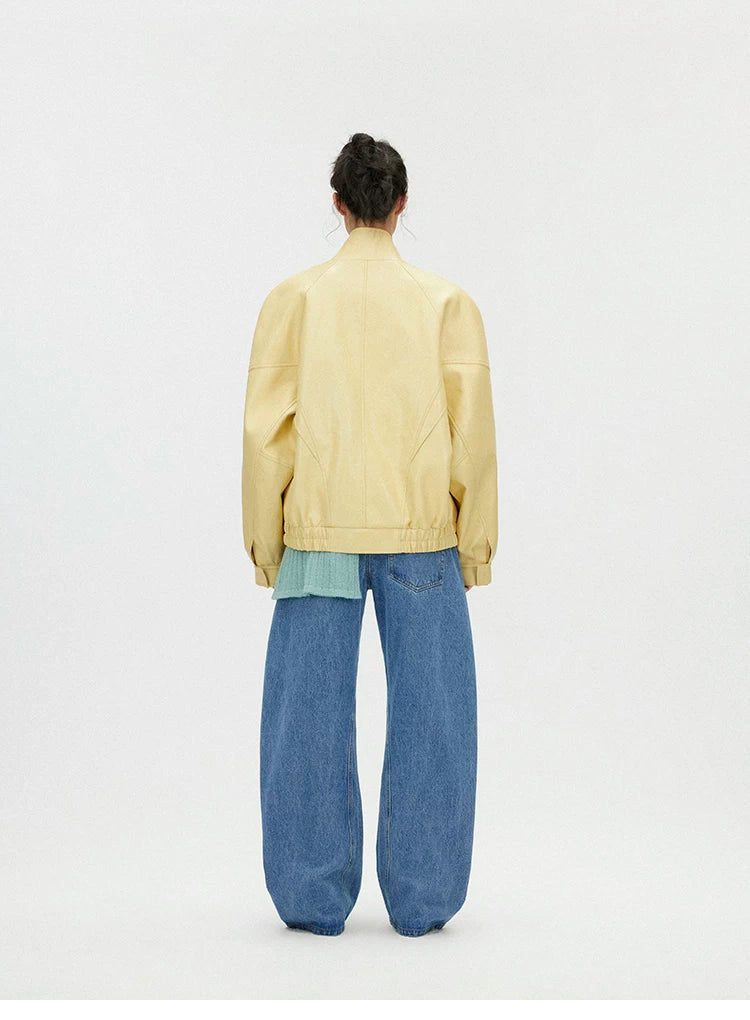 Butter Yellow Curved-Shoulder Leather Bomber Jacket
