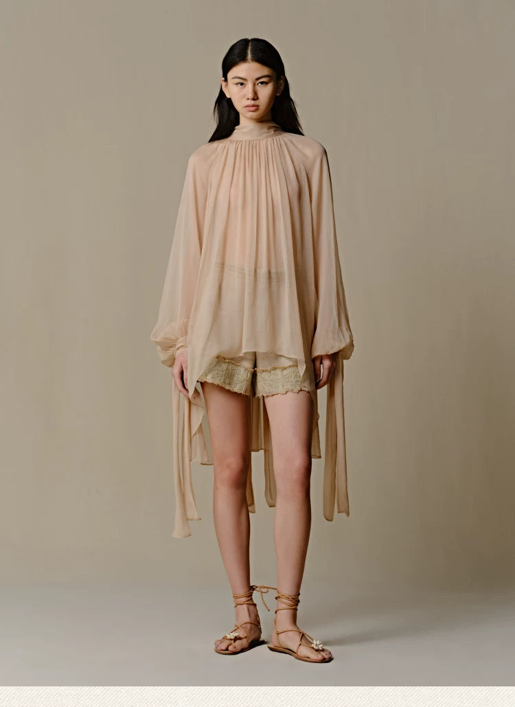 Mulberry Silk Semi-Sheer Tie-Neck Blouse