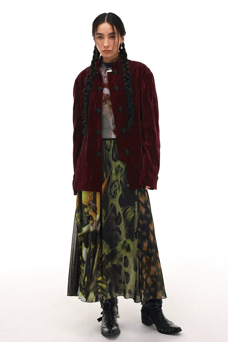 Year of the Horse Velvet Embroidered Chinese Frog Button Stand Collar Cardigan Jacket