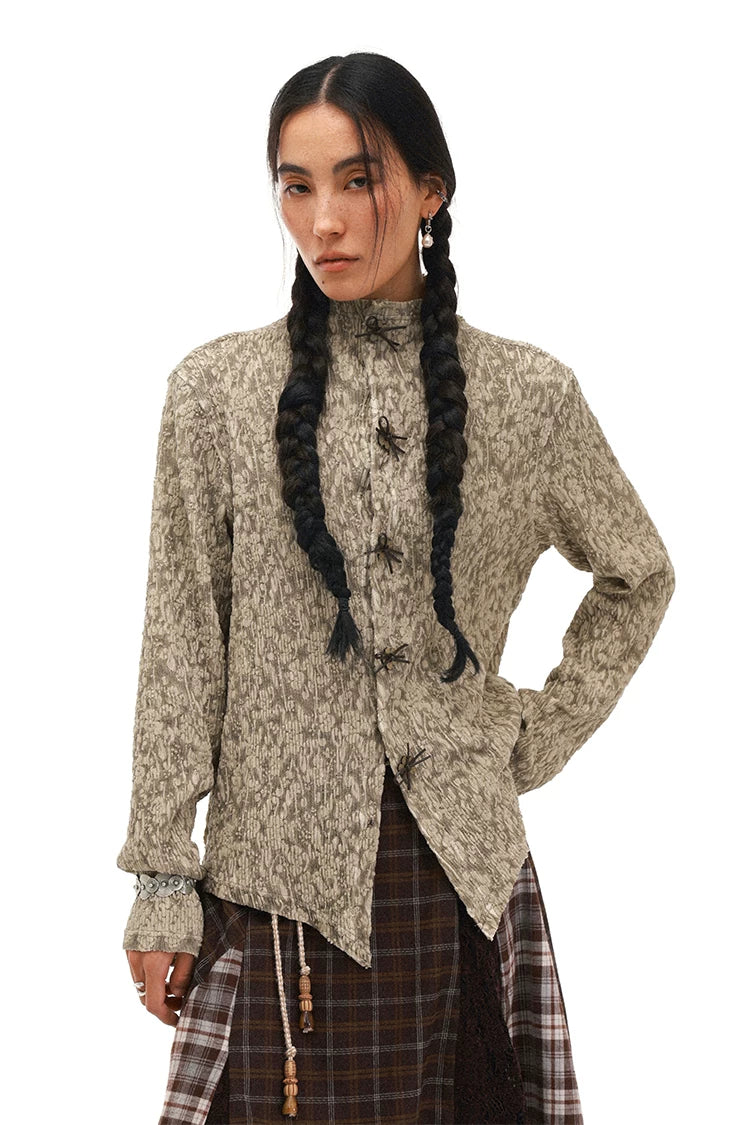 Elegant Jacquard Lace Patchwork Mandarin Collar Shirt