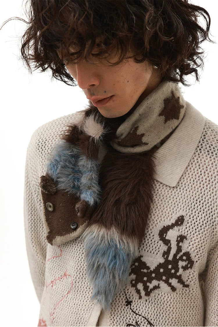 Fluffy Soft Alpaca Blend Faux Fur Fox Scarf with Coconut Buttons – Vintage Retro Style