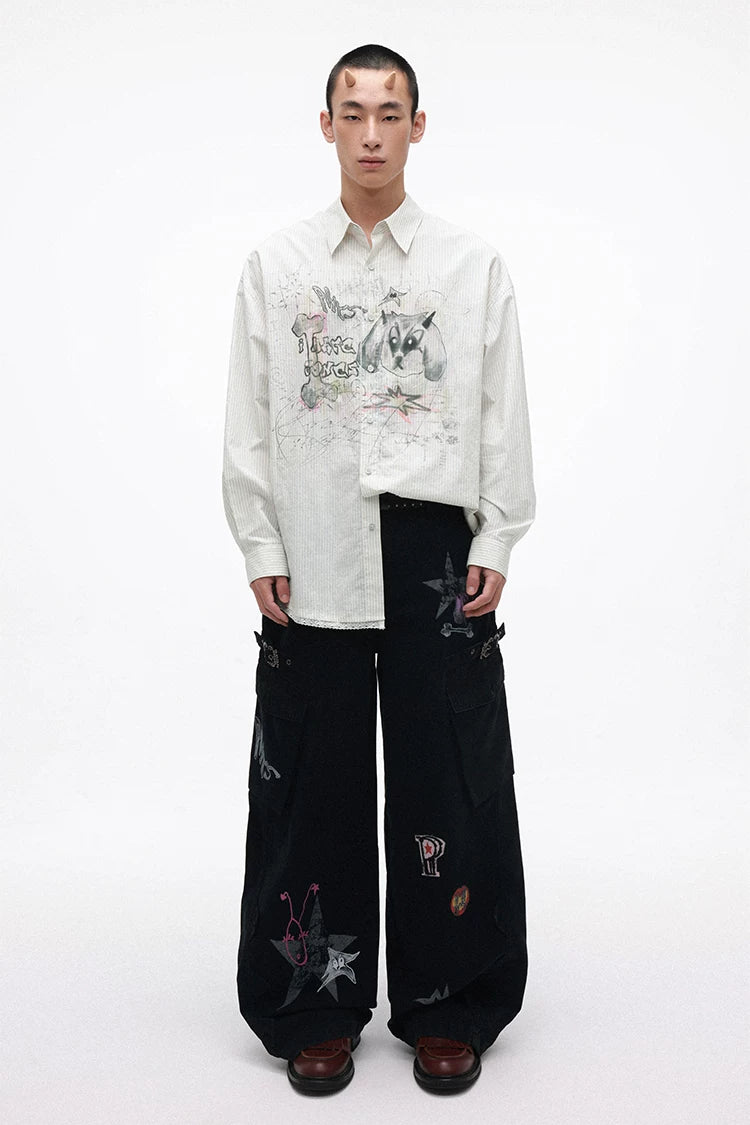 Rebellious Puppy Hand-Drawn Graphic Lace Patchwork Long Sleeve Shirt