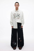 Rebellious Puppy Hand-Drawn Graphic Lace Patchwork Long Sleeve Shirt