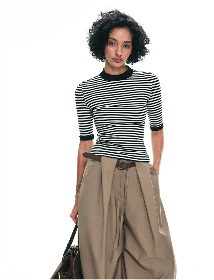 Tencel Knit Slim-Fit Short Sleeve Top with Mock Neck