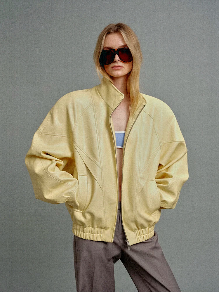 Butter Yellow Curved-Shoulder Leather Bomber Jacket