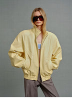 Butter Yellow Curved-Shoulder Leather Bomber Jacket