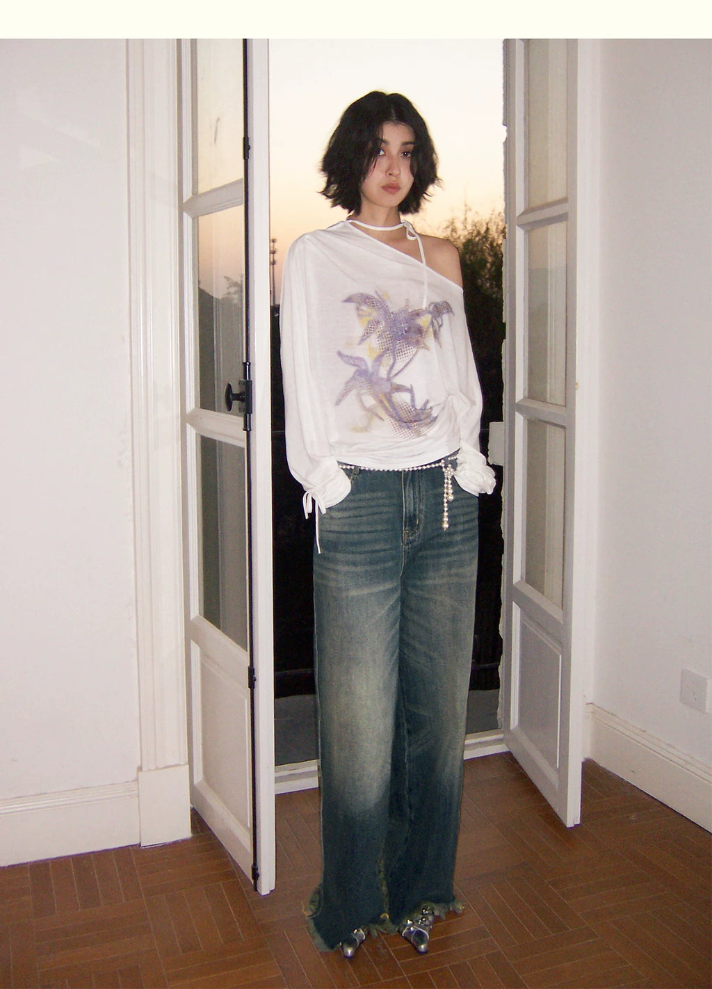 Orchid Print One-Shoulder Tie-Up Long Sleeve T-Shirt