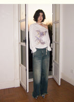 Orchid Print One-Shoulder Tie-Up Long Sleeve T-Shirt