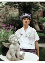 Vintage Wisteria Embroidered Cotton Linen Short Sleeve Shirt