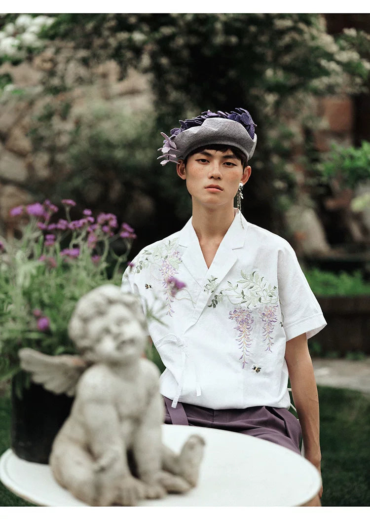 Vintage Wisteria Embroidered Cotton Linen Short Sleeve Shirt