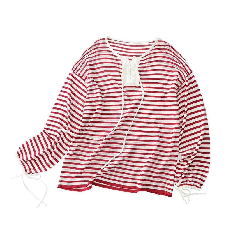 French Striped Lightweight Knit Long Sleeve Top