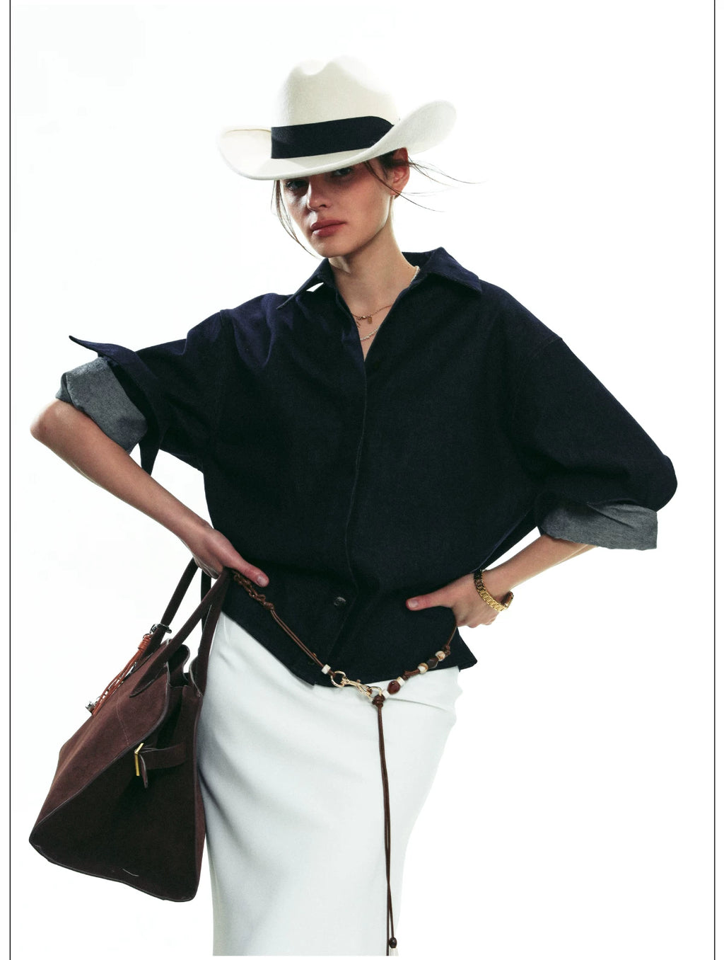 French-Inspired Slim-Fit Cropped Denim Shirt