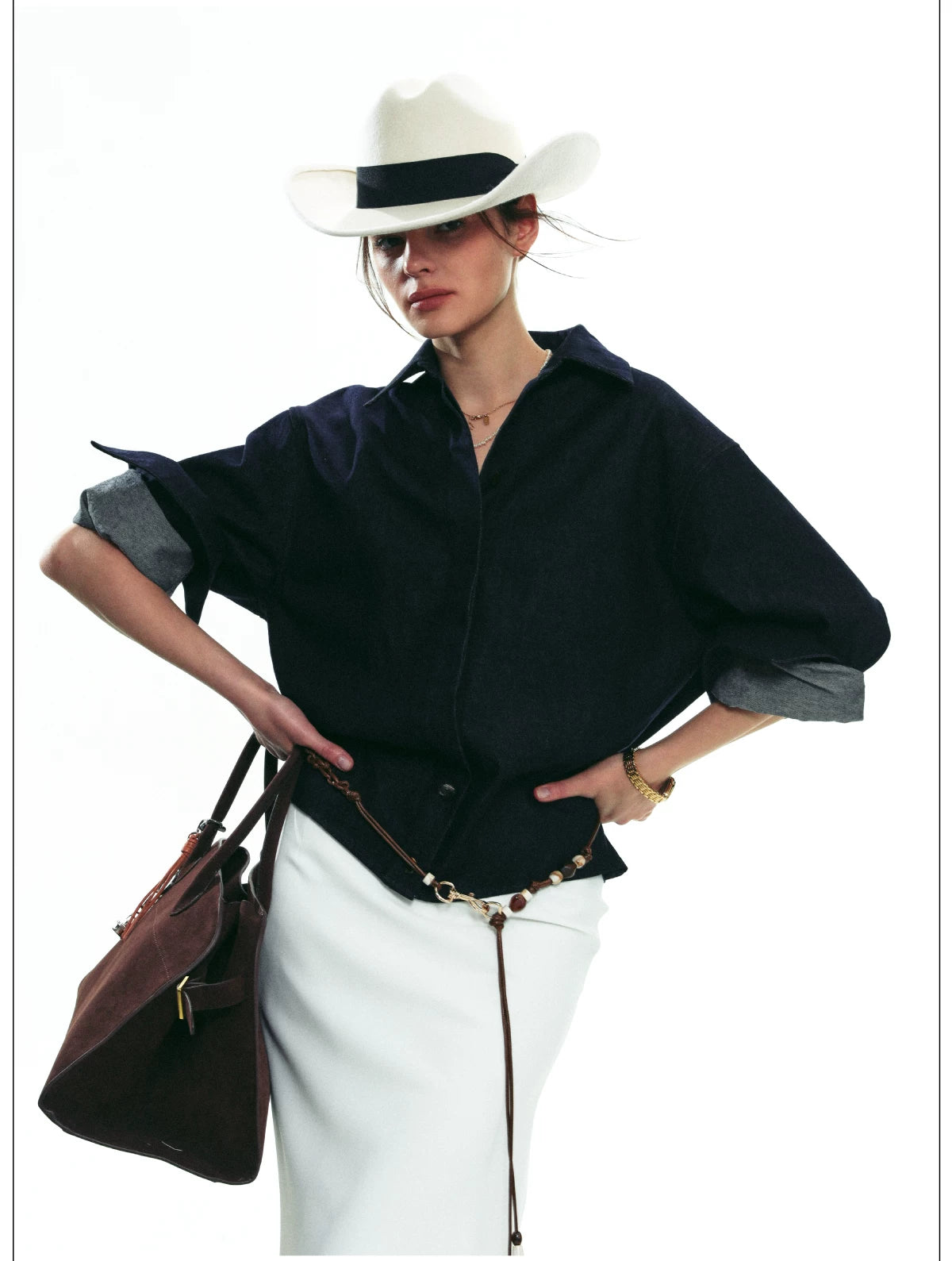 French-Inspired Slim-Fit Cropped Denim Shirt