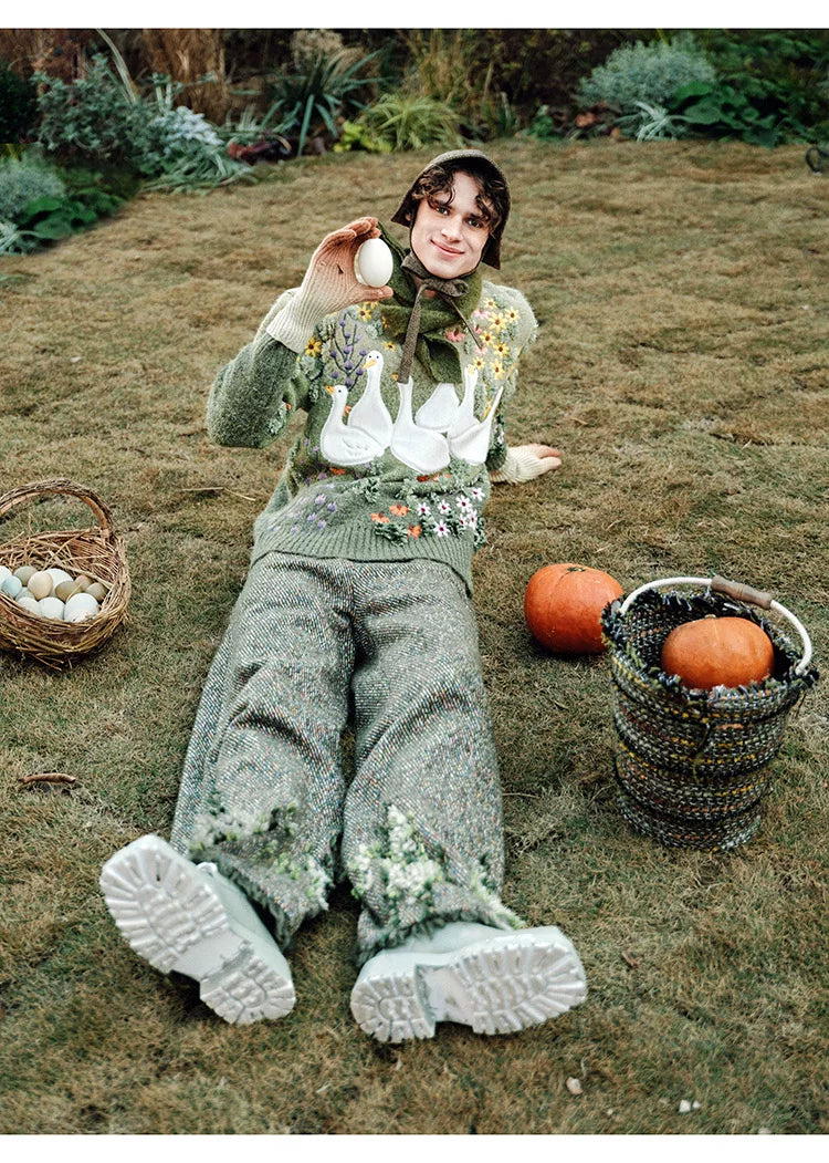 Handmade Plush Gradient Sweater with Goose Appliqué and Floral Embroidery