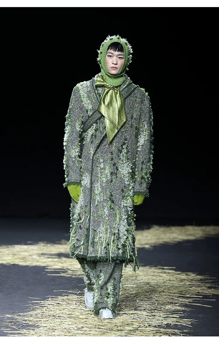 Vintage Moss Green Straight-Leg Twill Pants with Handmade Yarn Stitching Secondary image