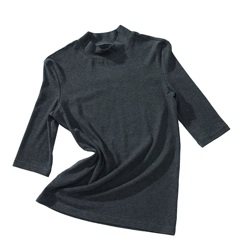 Tencel Knit Slim-Fit Short Sleeve Top with Mock Neck