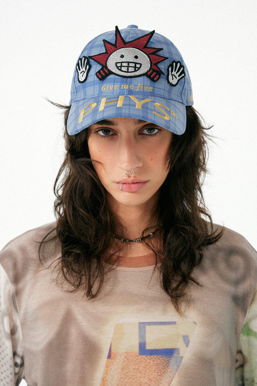 Adjustable Plaid Baseball Cap with Cute Little Scientist Character