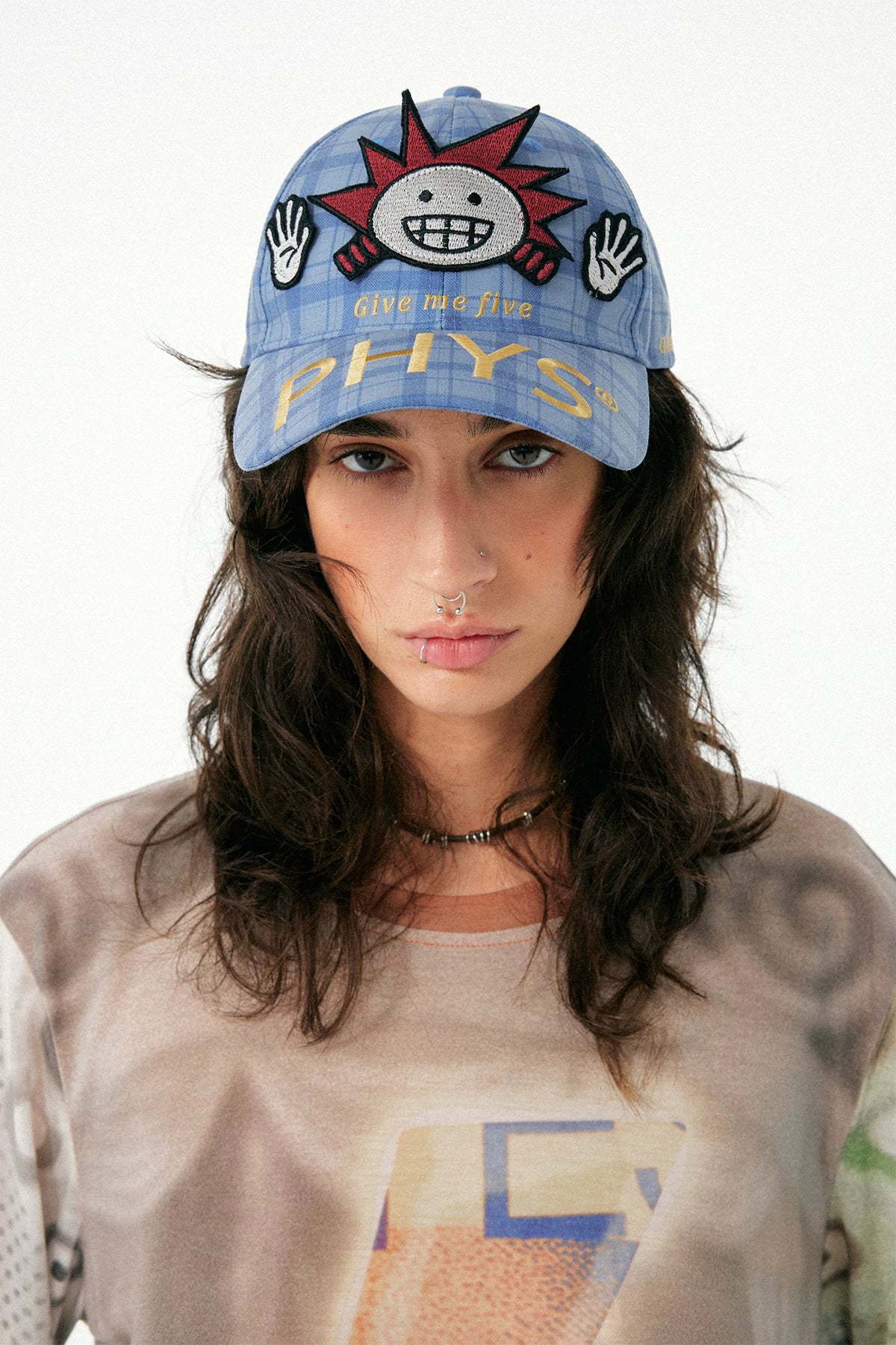 Adjustable Plaid Baseball Cap with Cute Little Scientist Character