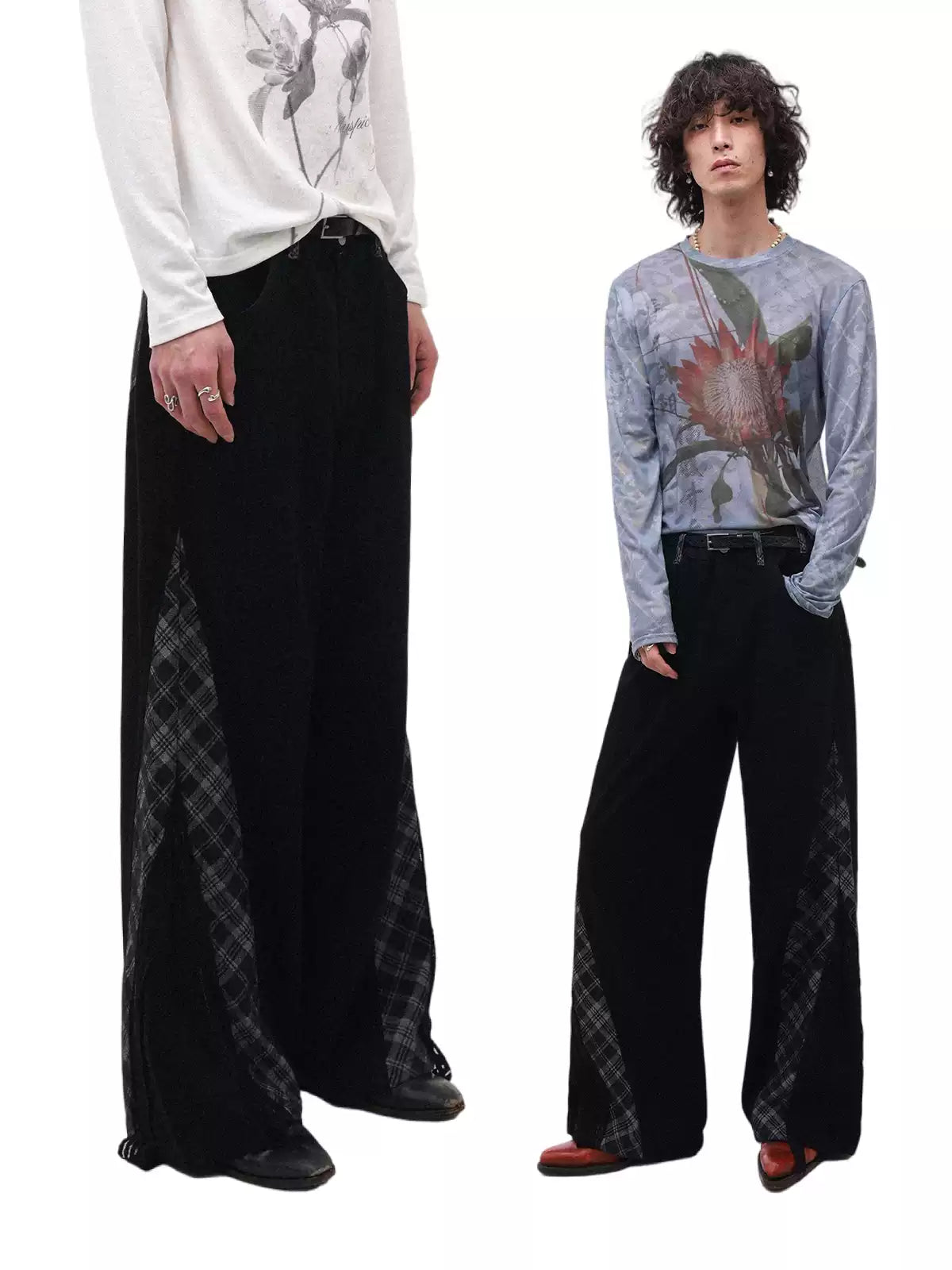 Plaid Lace Panel Draped Boho Flared Jeans