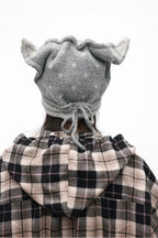 Adjustable Cat Ear Knit Hat – Soft Gold Velvet Polka Dot Beanie